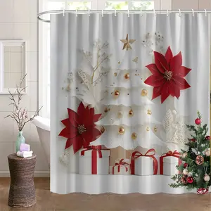Christmas Rose & Gold Christmas Tree Shower Curtain, 70x70/59x70 Inches, Includes Background Pattern, Comes with 12 Hooks, Bathroom Curtain