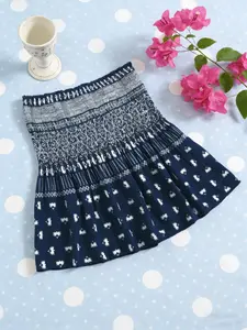 Boho Style Deep Blue Vintage Ethnic Floral Print Halter Top, High Stretch Ruched Slimming Fit, Vacation Atmosphere Strapless Short Blouse