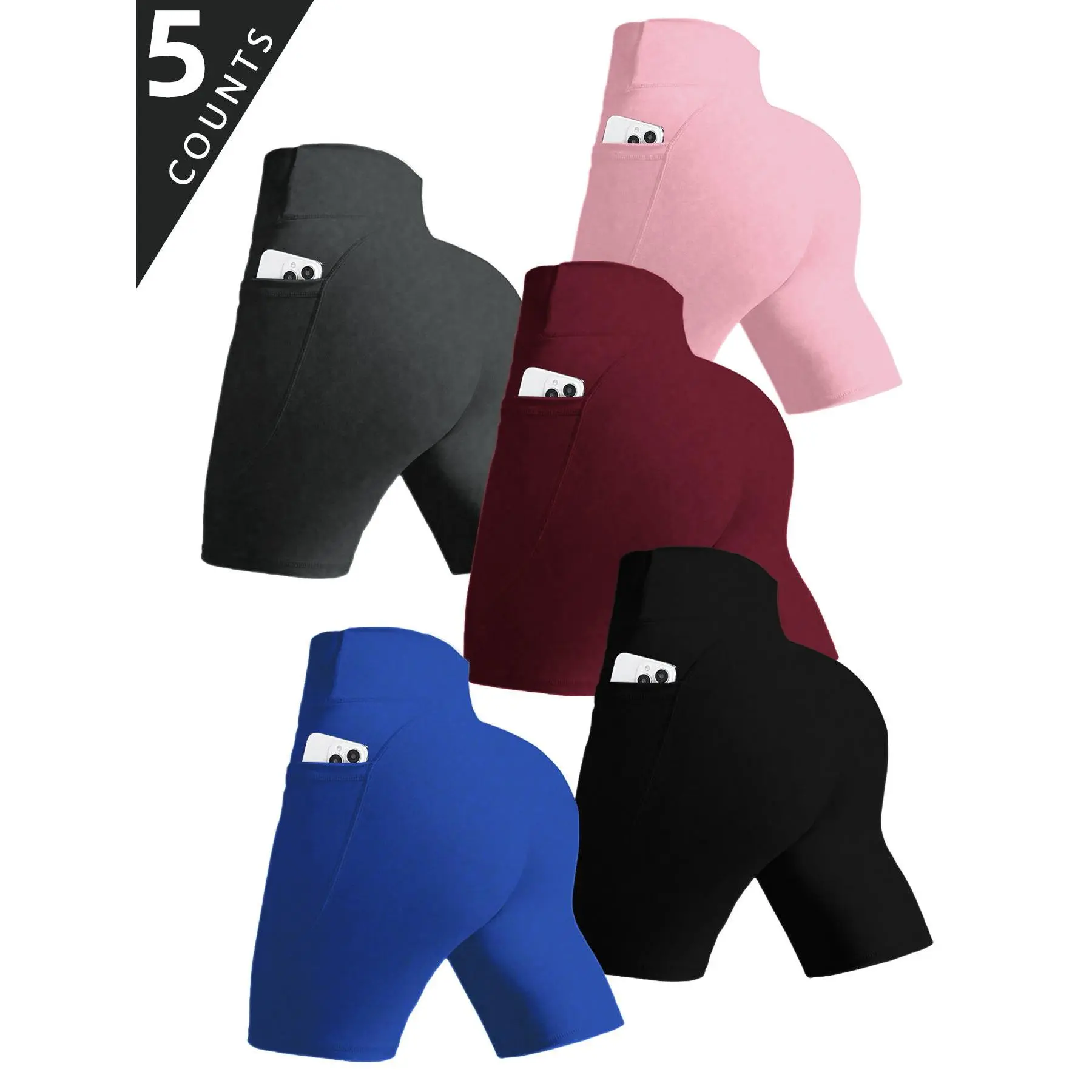 5-Pack Women's Multicolor 5-Inch Workout Shorts, High Stretch Breathable Yoga Shorts with Pockets, Sweat Absorbent Summer Running Bottoms