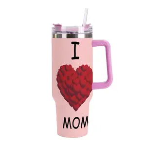 "I Love Mom" Travel Tumbler - 40 oz Large Capacity Coffee Mug with Ergonomic Handle - Sweet Mother’s Day, Birthday or Christmas Gift,  Stylish Motherhood Hydration Cup, Mother's Day Gift for Her