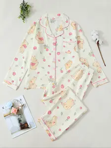 Butterfly & Cherry Print Long Sleeve Pajama Set for Teens, Comfortable Sleepwear for Boys & Girls, Fashion Four-Season Pjs