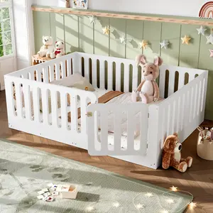 Queen Floor Bed with Full-upgraded Guardrails, Solid Wood Kids Floor Bed with Safety Door, Low-profile Montessori Floor Bed Frame for Kids, Boys, Girls, No Box Spring Needed & Childlike Design, White