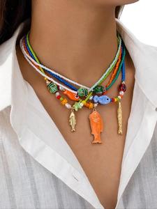 women's elegant colorful beaded necklace, trendy marine life charm statement necklace, cute chic girlfriend gifts jewelry