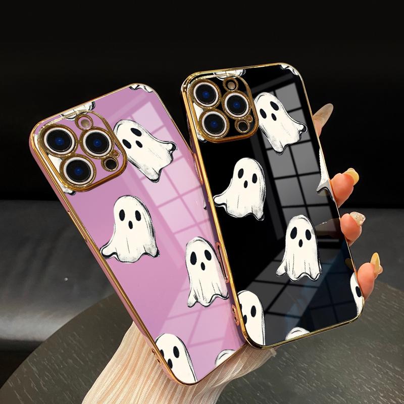 Ghostly Pattern Phone Case for iPhone 16 15 14 Pro Max 13 12 11 XR XS Plus Electroplated Four-corner Shockproof Non Slip Military-Grade Protection Silicone Cover