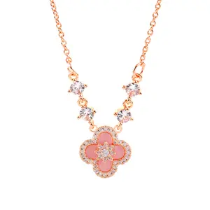 Trendy Pink Lucky Four Leaf Flower Bracelet Set Unique Sophisticated Necklace and Bracelet Set