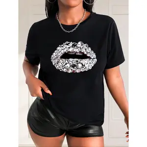 Women's Black 180g Cotton Short Sleeve Crew Neck Graphic T-Shirt with Rhinestone Lip Print Design, Casual Fashion Slim Fit Summer Tee, Trendy Lightweight Sparkle Top for Everyday Wear