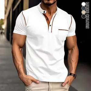 Men's Patchwork Henry Tee - Chest Pocket & Breathable Polyester, Ideal for Summer Streetwear & Outdoor Activities