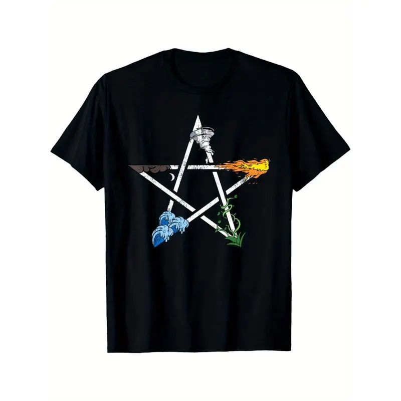 Pentagram Graphic T-Shirt in 100% Cotton, Unisex Casual Pagan Wicca Streetwear Top with Digital Print and Short Sleeves