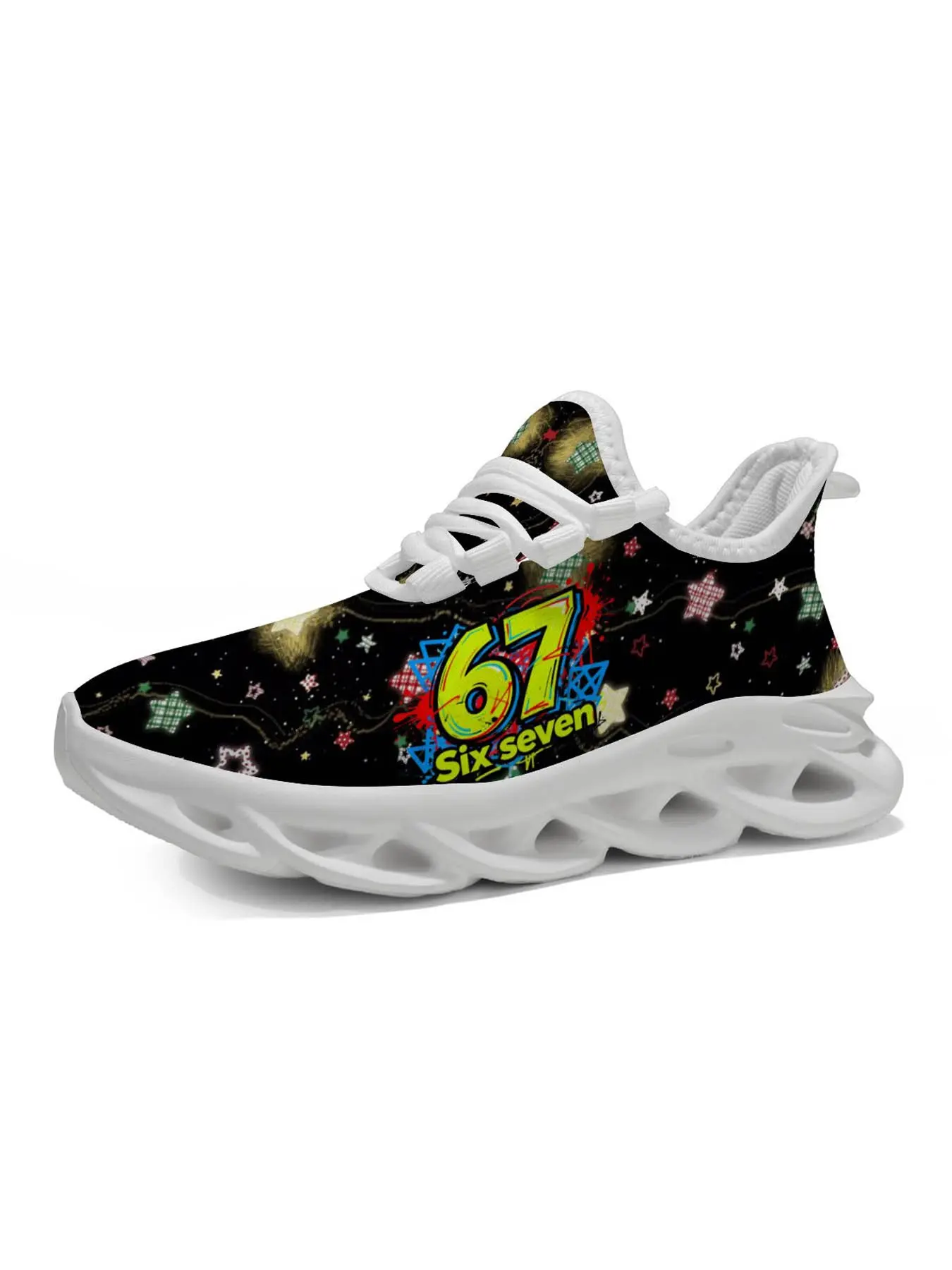 Starry Sky Theme Sports Shoes, Unique Print Fashion, Vibrant Star Pattern with Number 67, Comfortable Thick Sole, School Campus Classroom Use