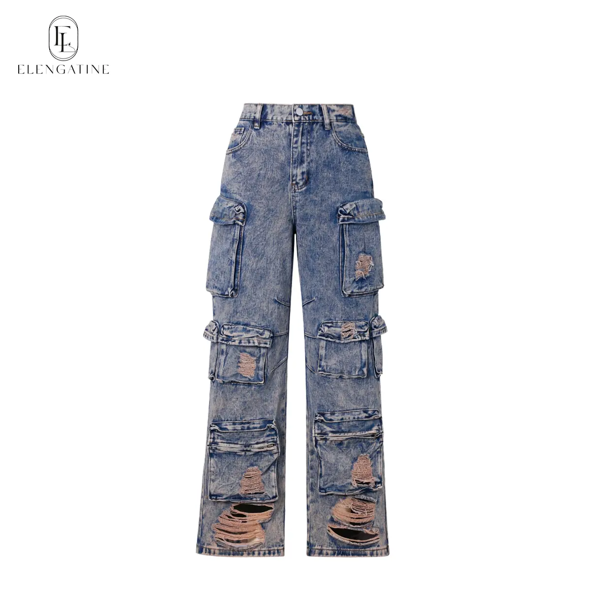Elengatine Women's High-Waisted Denim Throwback Jeans - Loose-Fit Cotton-Polyester Distressed Edgy Cargo Bottoms, Wide-Straight Leg Streetwear Pants with 13 Utility Pockets, Casual Style