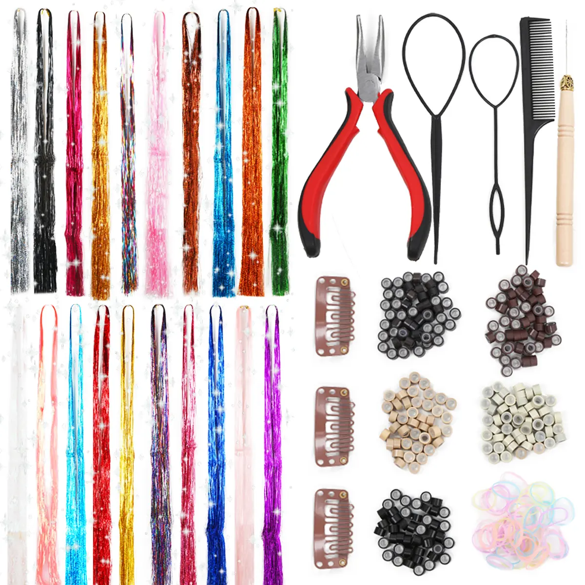 MissAlle Glitter Hair Tinsel Kit, Tinsel Hair Extensions with Tools, Specific Color Heat Resistance Fairy Hair Tinsel Kit for Women Girls Hair Accessories Hair Band Synthetic Extensions & Pieces (48 Inch, 20-Color) Threader Micro Silicone Link Ring summ