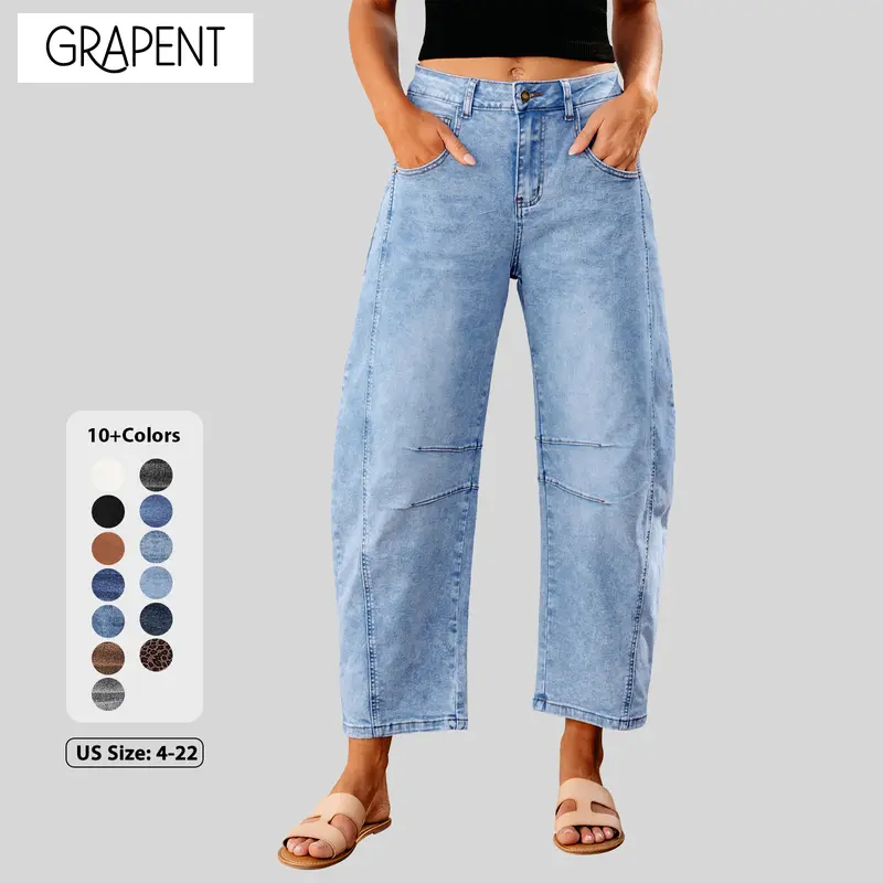 【GRAPENT Barrel Jeans Collection】Women's High-Waisted Cropped Wide-Leg Cotton Denim Bottoms, Medium-Stretch Cotton-Blend Elastane Streetwear Clothes, Casual Fall Outfits Women's Clothes,sohochic