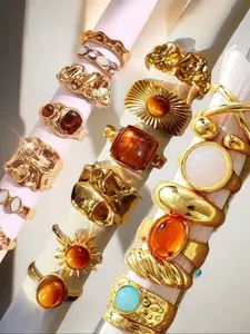 Women's Vintage Fashion Ring Set, Irregular Folded Old Currency Style, Multi-Color Artificial Jewelry, Stackable Gemstone Rings