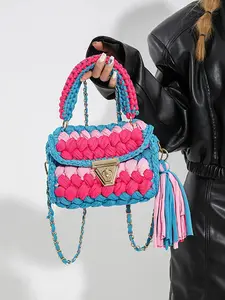 Women's Colorblock Braid Crochet Design Handbag, Fashionable Tassel Decor Crossbody Bag for Daily Used, Casual Trendy Versatile High-quality Daily Commuting Bag