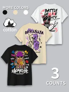 Large Size Men's 3-Pack 100% Cotton Loose Fit T-Shirts, Graffiti Teddy Bear Print, Casual Long Sleeve Tops, Comfortable Daily Wear