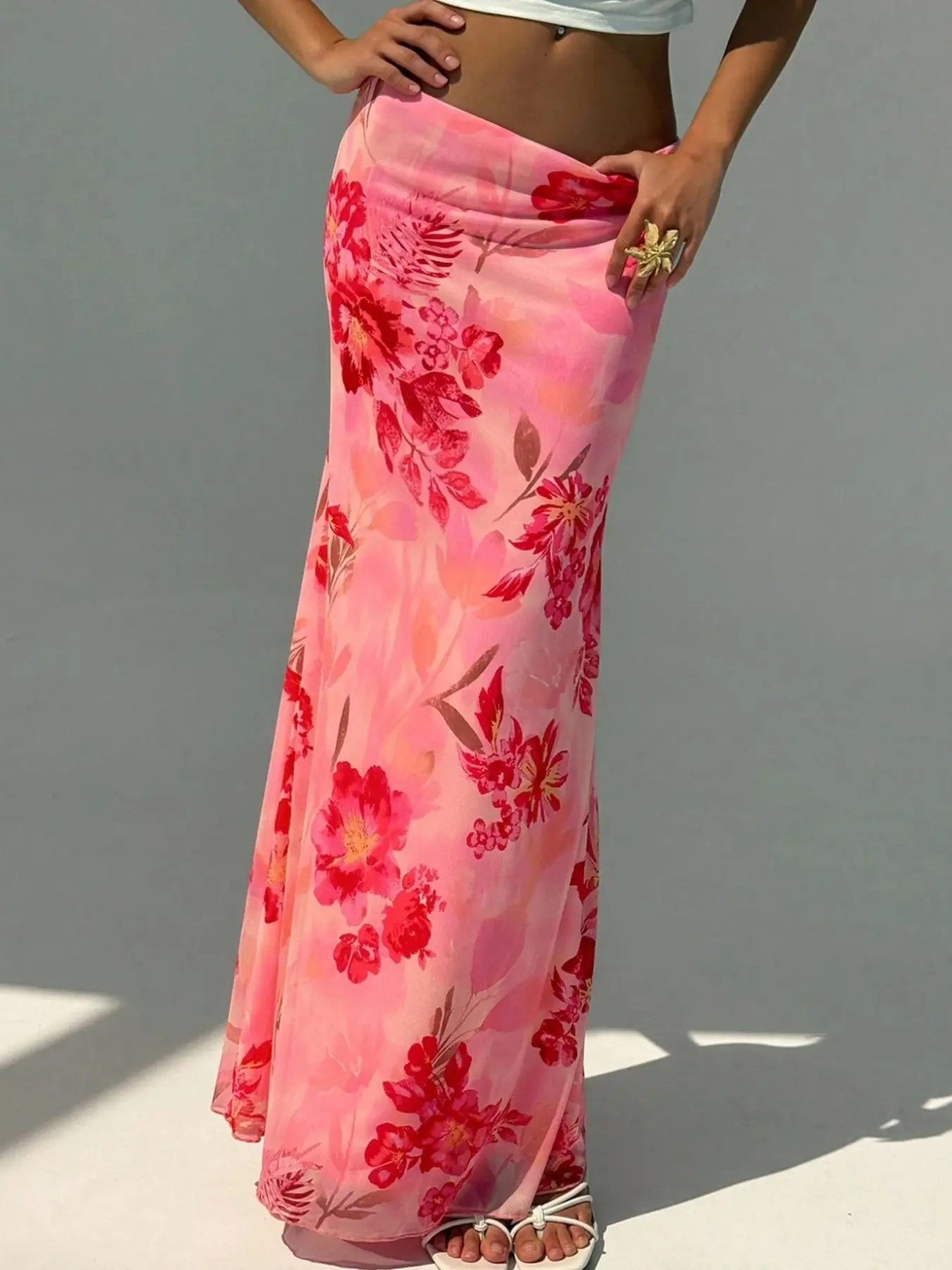 Women's Elegant Printed Low Waist Maxi Skirt, Summer Beachwear, Beach Party Skirt, Bohemian Tropical Vacation, Floral Print, Casual Fashion, Lightweight Skirt, Floral Pattern Skirt