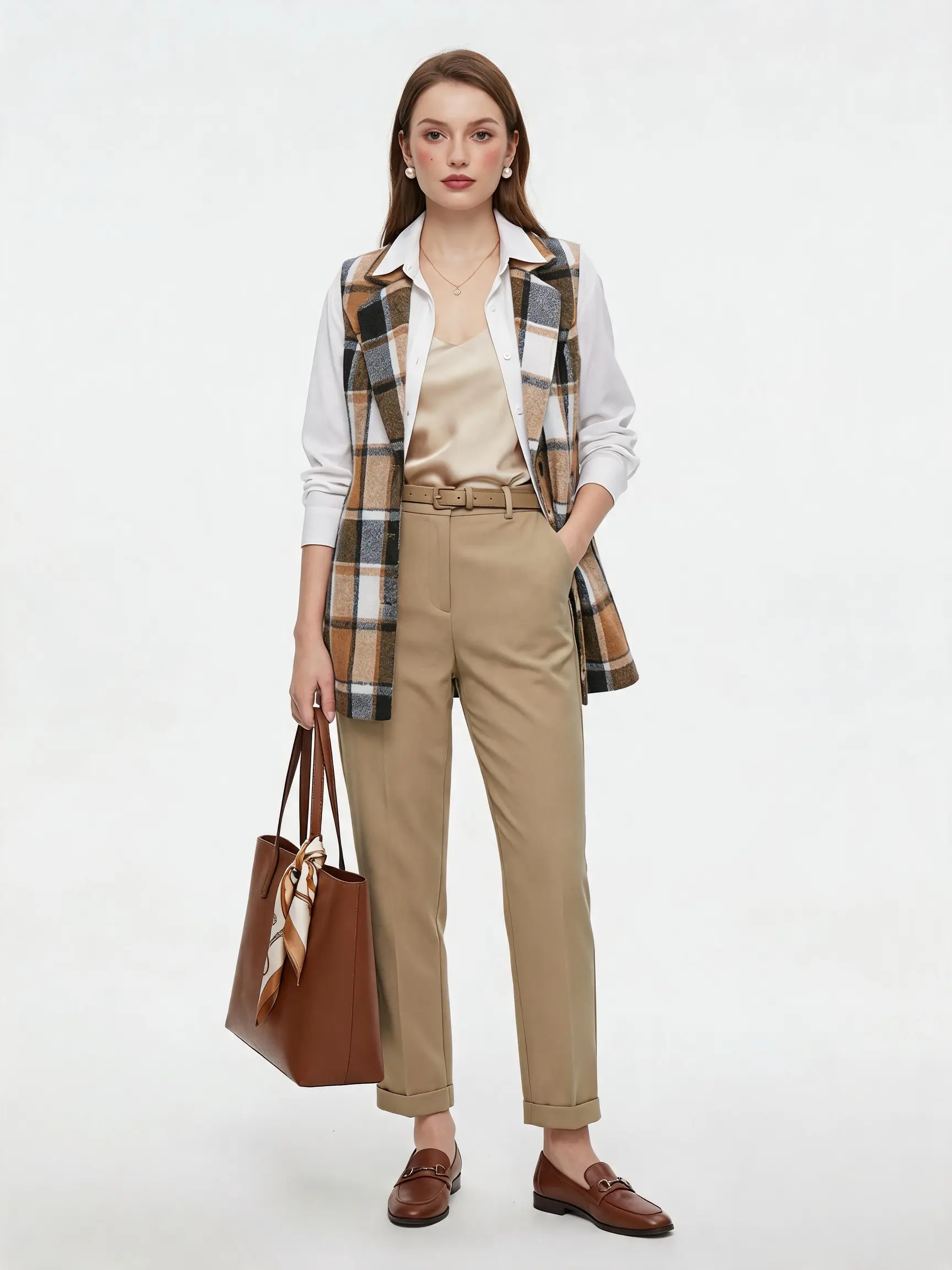 IDEALSANXUN Women's Sleeveless Blazer Vest - Fitted Slim, Tweed Plaid, Notch Lapel Collar, Side Pockets, Long Length, Wool Fabric, Fall Casual Wear, Standard Sizes