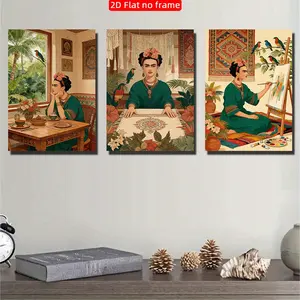 Frida Kahlo Art Decor Set, 3-Piece Unframed Canvas Wall Art, Modern Floral Design, Ideal for Living Room, Bedroom, Office