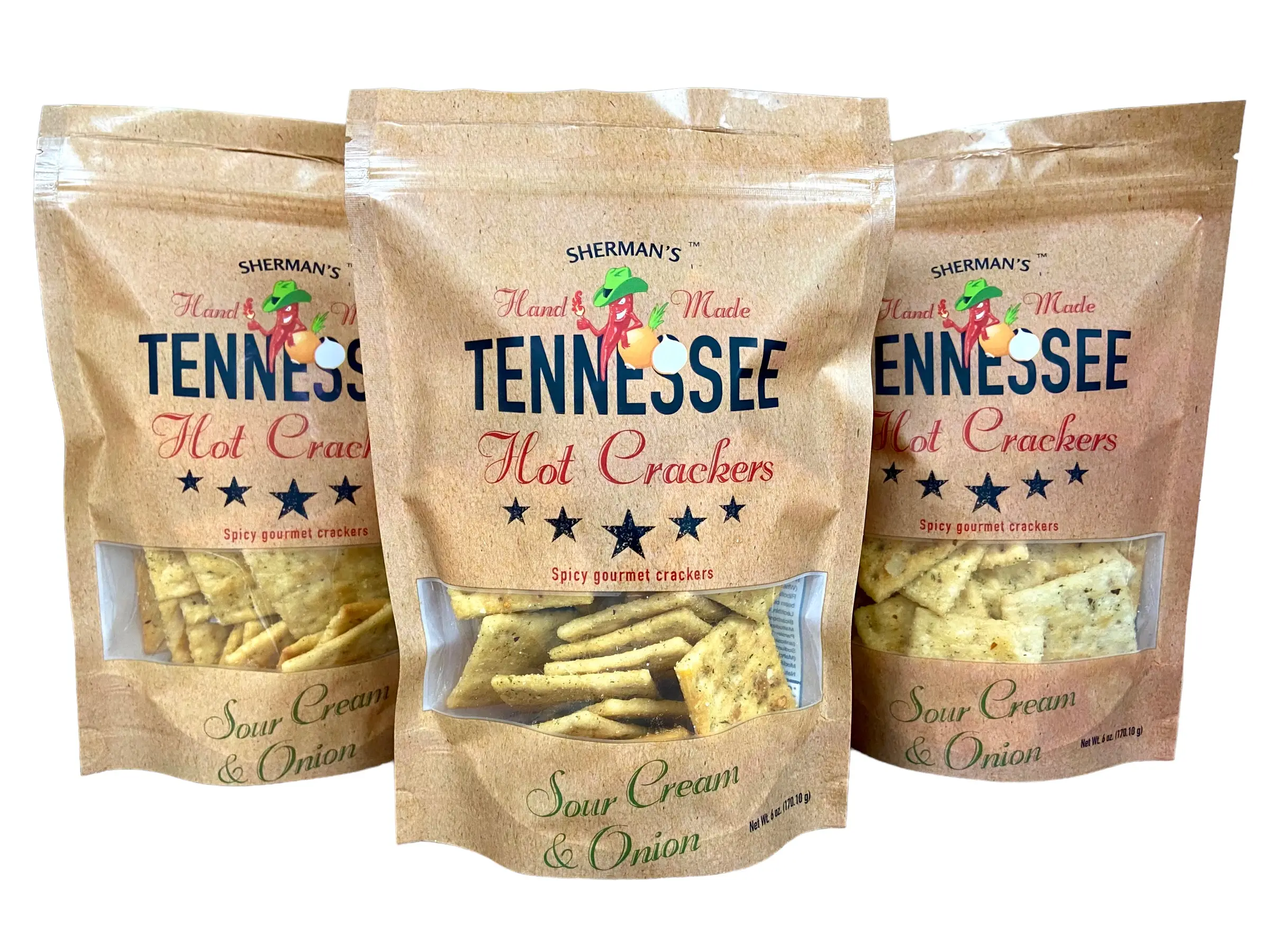 Sherman's Tennessee Hot Crackers, Sour Cream & Onion Flavor, 3 pack. (6oz each), Spicy Snack Crackers. Creamy Sour Cream & Onion with a savory and spi