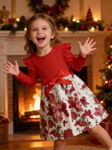 Floral Butterfly Print A-Line Dress for Girls, Casual Slim-Fitting Dress, Perfect for Daily Wear and Christmas, Cartoon Pattern