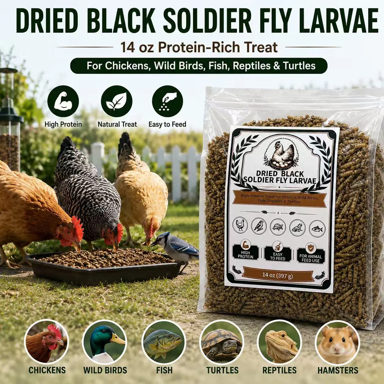 14 OZ Dried Black Soldier Fly Larvae, Protein & Calcium-Rich Treat with No Additives for Chickens, Ducks, Wild Birds, Fish, Turtles, Reptiles & Hamsters, Whole Larvae Supplemental Feed for Backyard Flocks & Small Pets