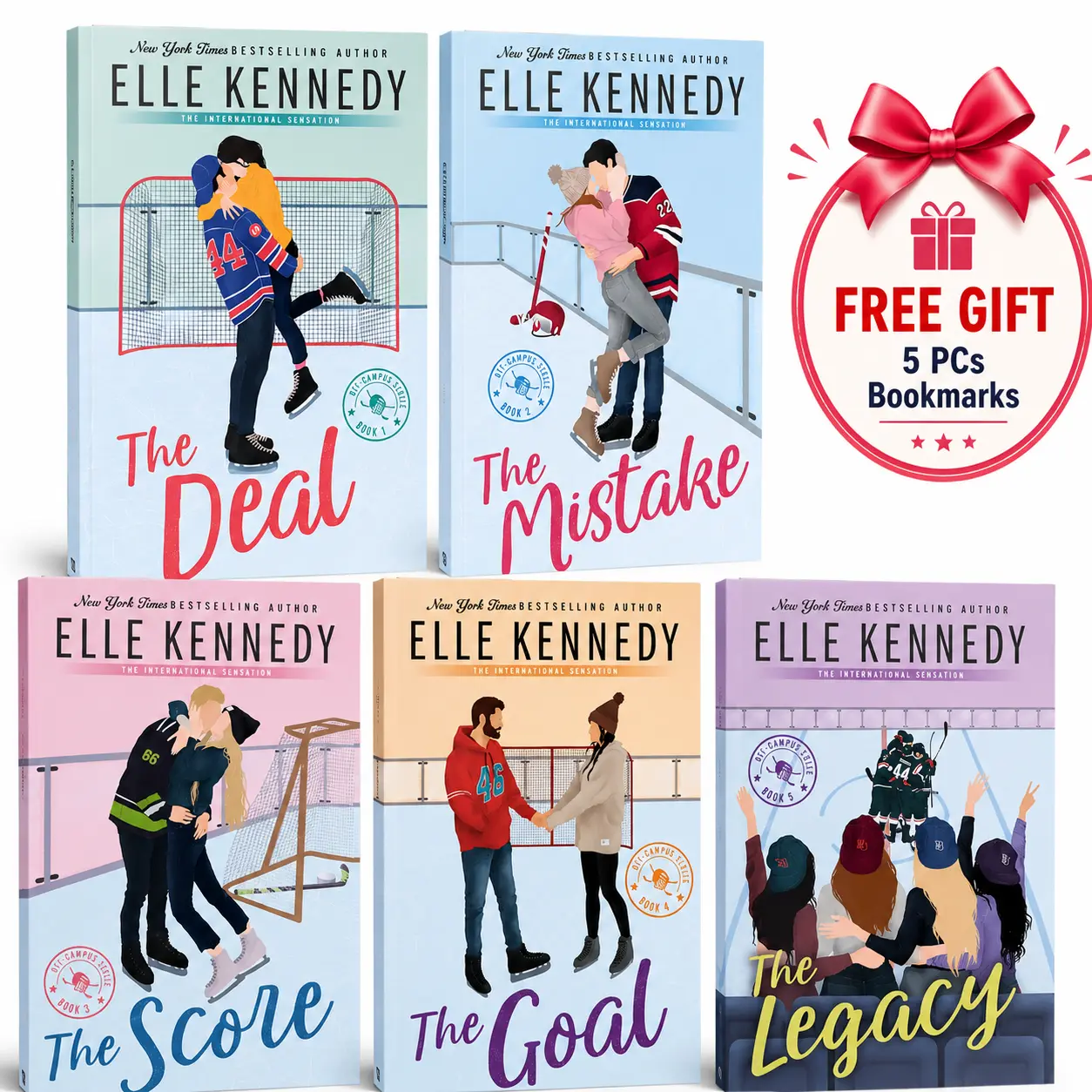 Off-Campus Series By Elle Kennedy, 5 Book Set Includes Deal Mistake Score Goal Legacy, Paperback College Hockey Romance, Sports Romance BookTok Gift, Free 5 Pcs Bookmarks