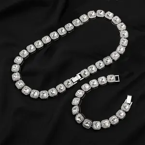 Hip-Hop Full Diamond Square Diamond Necklace Inlaid Diamond Ice Sugar Cuban Chain Square Diamond Cuban Chain Hip-Hop Bracelet Necklace Fashion