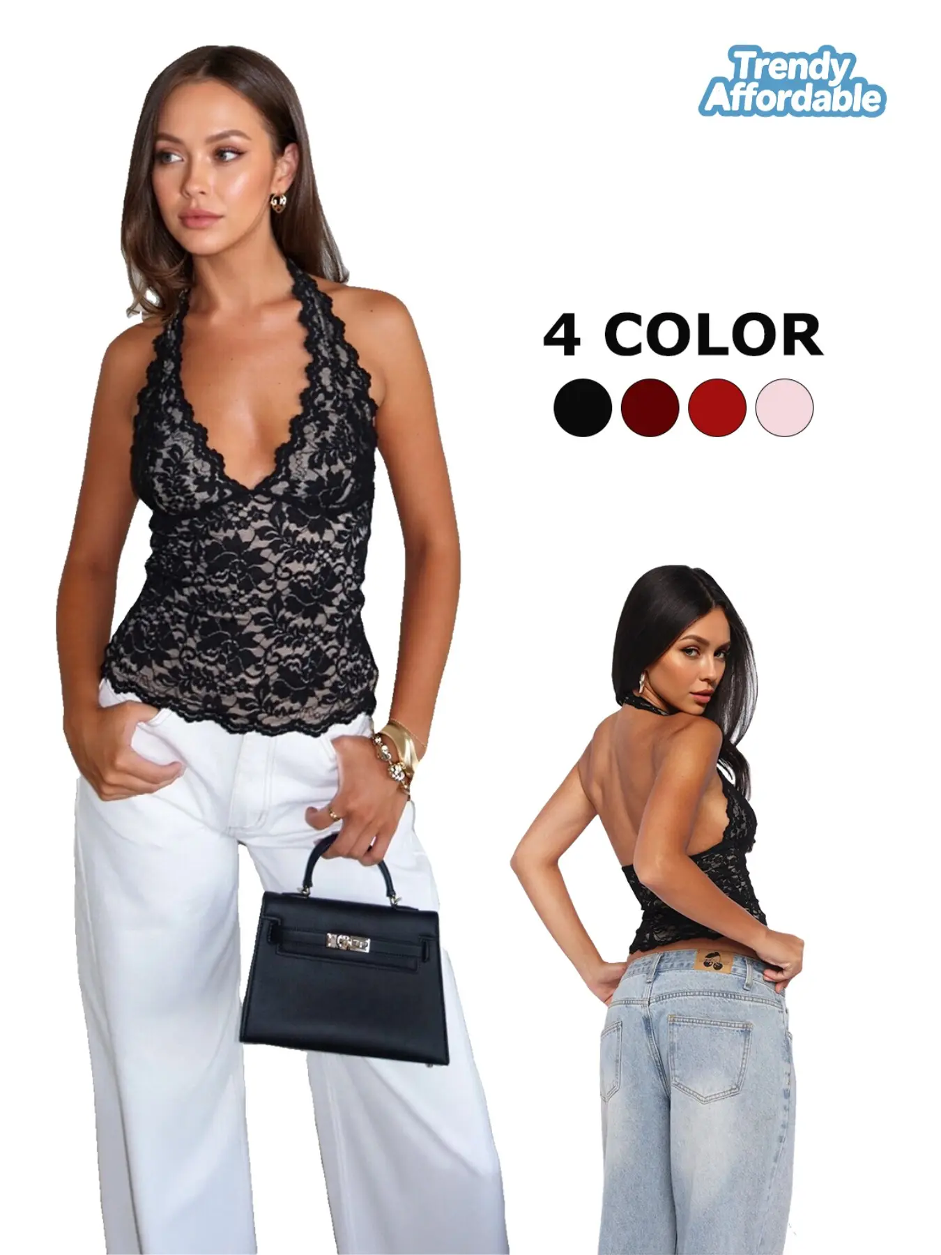 Deep V Lace Short Top, Halter Neck Ruffle Design, Transparent Floral Lace, Side Gathered Waist, Backless Cutout, Sexy Daily, Elegant, Lace Camisole Top