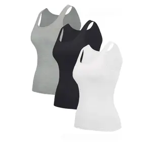 3pcs Women Solid Color Stretch Knit Tank Top Built-in Padded Cups Round Neck Casual Sportswear Breathable Comfort Fit Bottoming Vest T-shirt Black White Grey