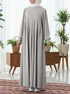 Women's Elegant Solid Color Muslim Dress, Round Neck Long Sleeve Pleated Design, Fitted Casual Wear for Daily, Modest Style Dress, Classy Modest Dresses