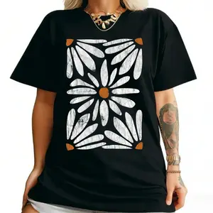 Boho Daisy Botanical Vintage T-Shirt Womenswear Casual Cotton Fabric Knit