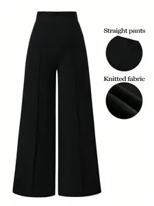 Women's Wide Leg Pants, High Waist Elastic & Pleated Front Design, Elegant Chic Slimming Fit for Office & Casual Wear, All-Season Comfort, Casual Loose Pants