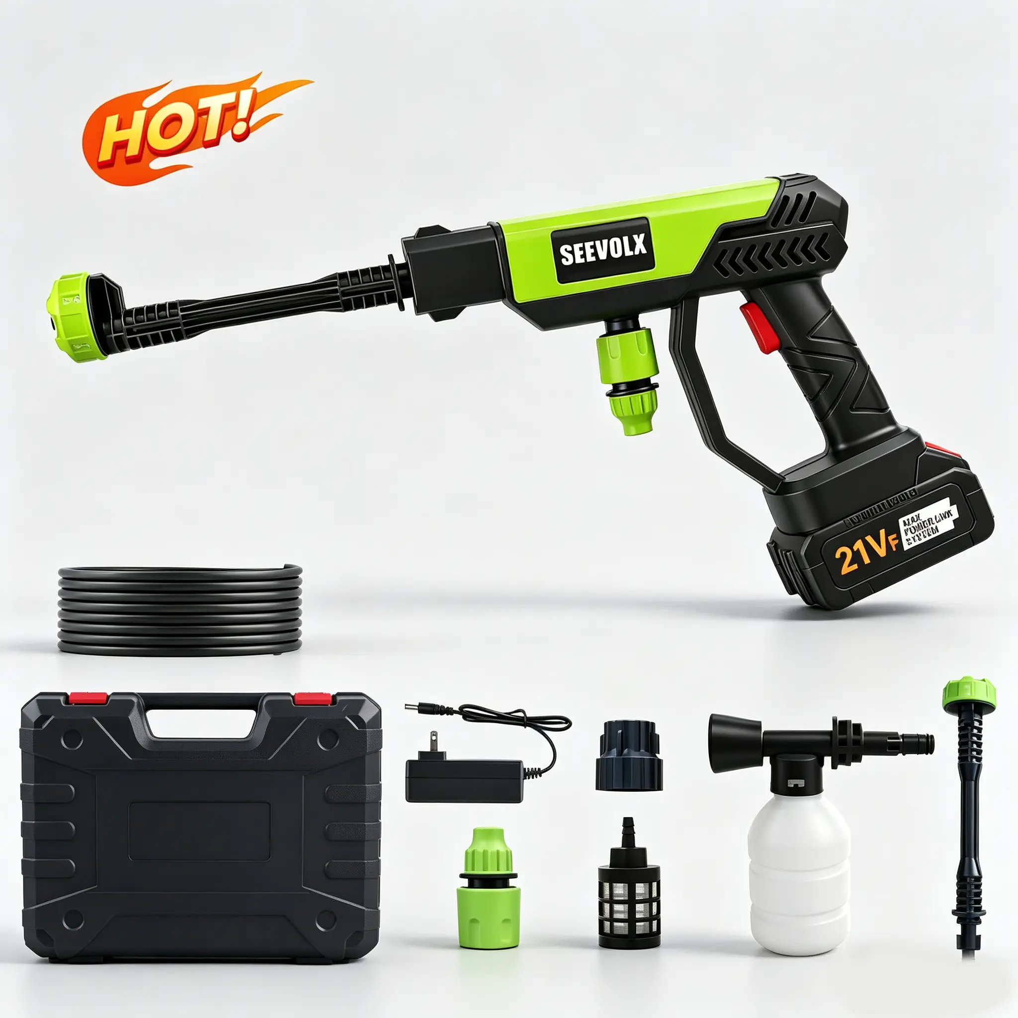 SEEVOLX Handheld Cordless Pressure Washer, 21V Compact Power Washer with 2 Batteries for Outdoor Cleaning of Cars, Decks, Walls