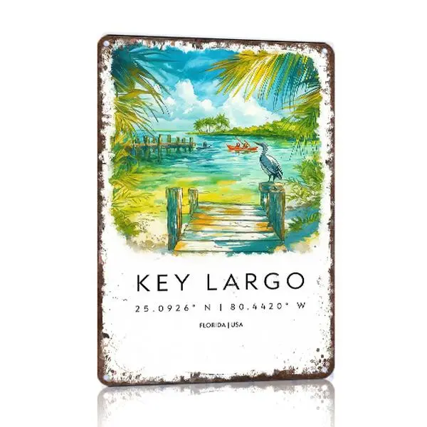 Key Largo Florida 8x12in Aluminum Metal Sign - Retro Vintage Beachy Wall Decor Plaque, Aluminum-Based Home Signs for Florida Keys Coastal Gifting & Decoration, Retro Home Signs