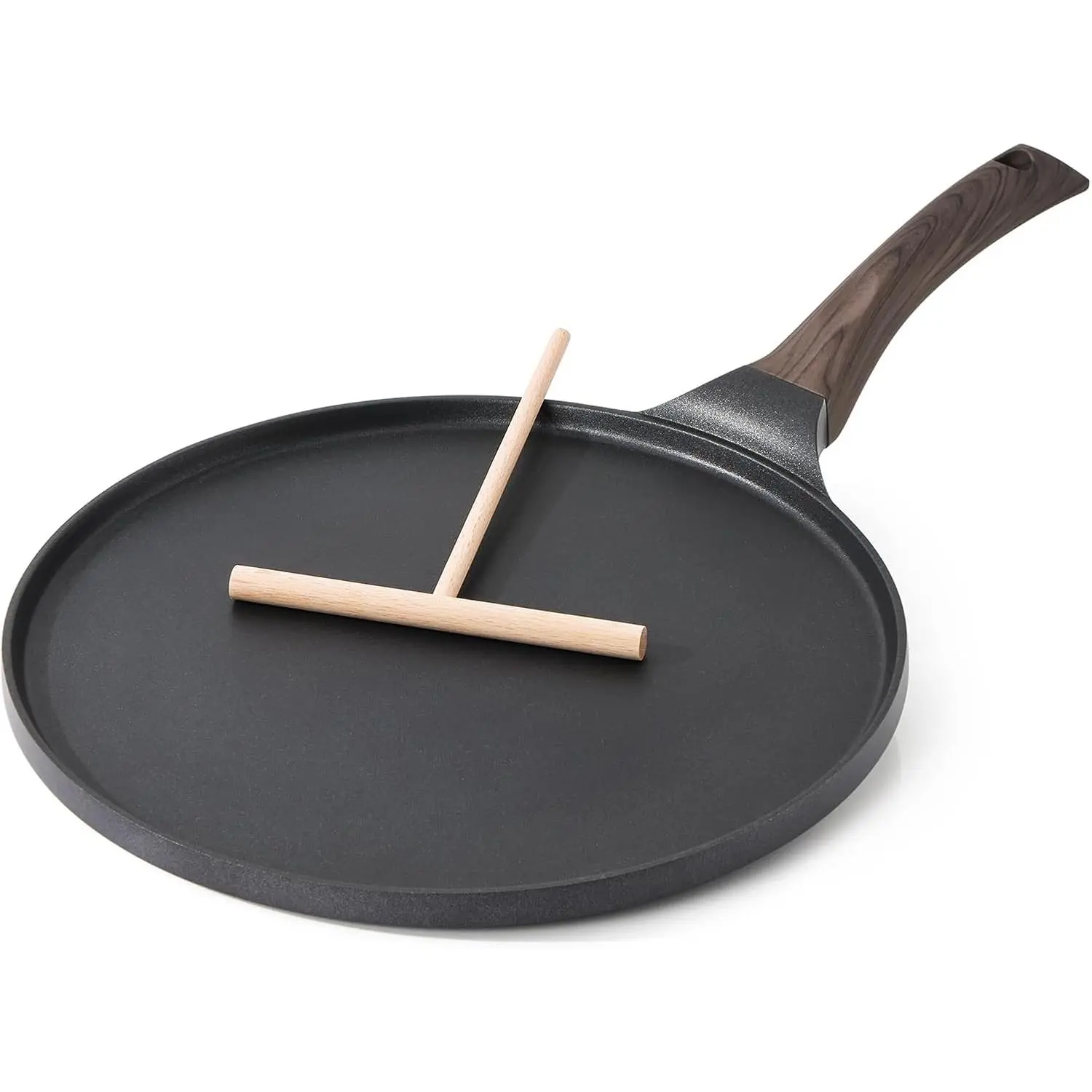 Non-stick Thin Pancake Pan, Swiss Granite Coating Dosa Pan, Pancake Frying Pan, Tawa Griddle 12inch with Heat-resistant Handle, Suitable for Induction Cooker (Black)