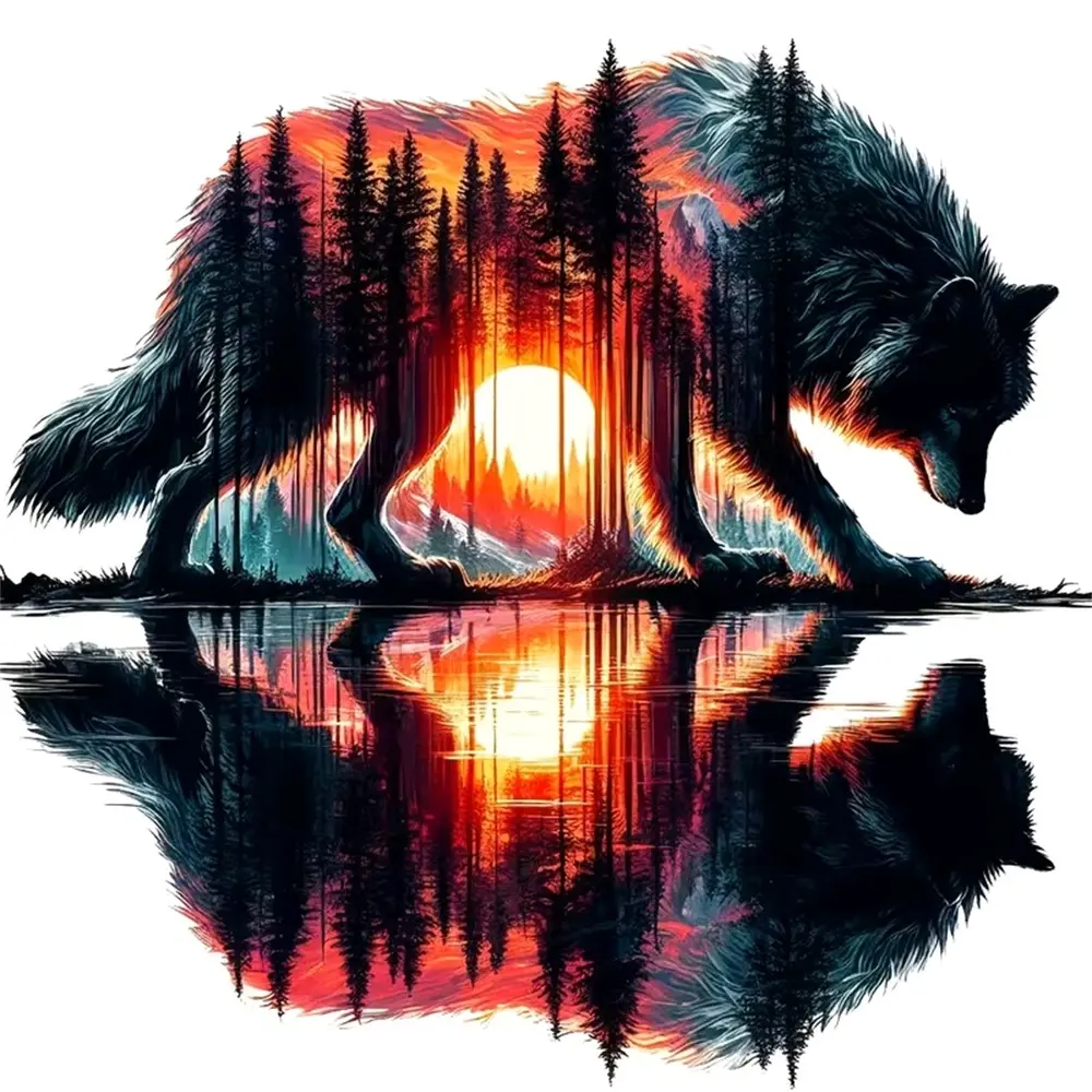 Multiple sizes available including square diamonds. This 5D DIY diamond painting set handmade furniture decor personalized gift, Handmade Gifts. Double exposure wolf with forest sunset and reflection wall art Craft Diamond Art Kit
