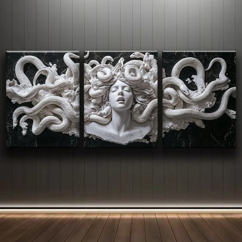 3-Piece Pine Wood Frame Decorative Canvas Print with Artistic Medusa Pattern, Contemporary Indoor Decor Multi-Panel Set, Home Supplies for Living Room, Office