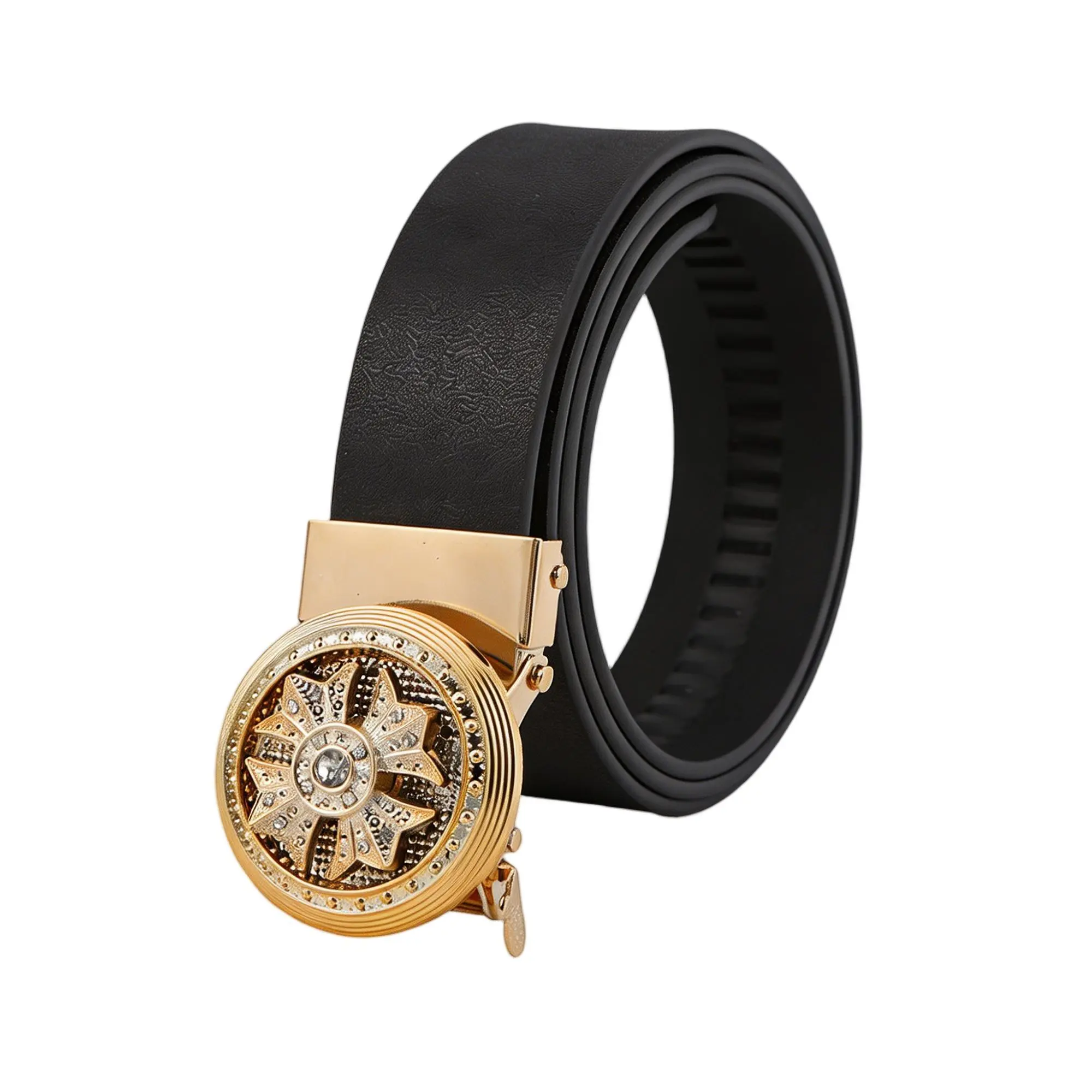 Men's Automatic Buckle Belt – Fashion PU Leather Waist Strap with Rotatable Rhinestone Buckle, Casual Business Versatile Belt for Men, Premium Faux Leather Belt with Full Teeth Design, Gift for Father's Day