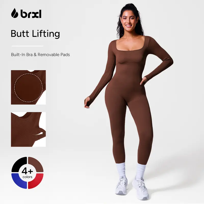 BRXL Women's Sporty Solid Color Full-Length Elasticity Sports Jumpsuit, Workout Apparel with Built-In Bra, Bodycon Shapewear, Tummy Control, Butt Lifting, Seamless 4-Way Stretch for Gym Training Everyday Wear Sporty Jumpsuit Stretchable Activewear