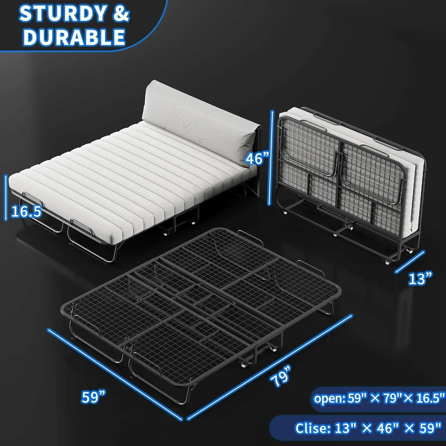 Folding Bed with 13CM Memory Mattress, 79"x59" Queen Size Double Portable Bed for Adults, Roll Away Foldable Beds on Wheels,Hideaway,Save Space