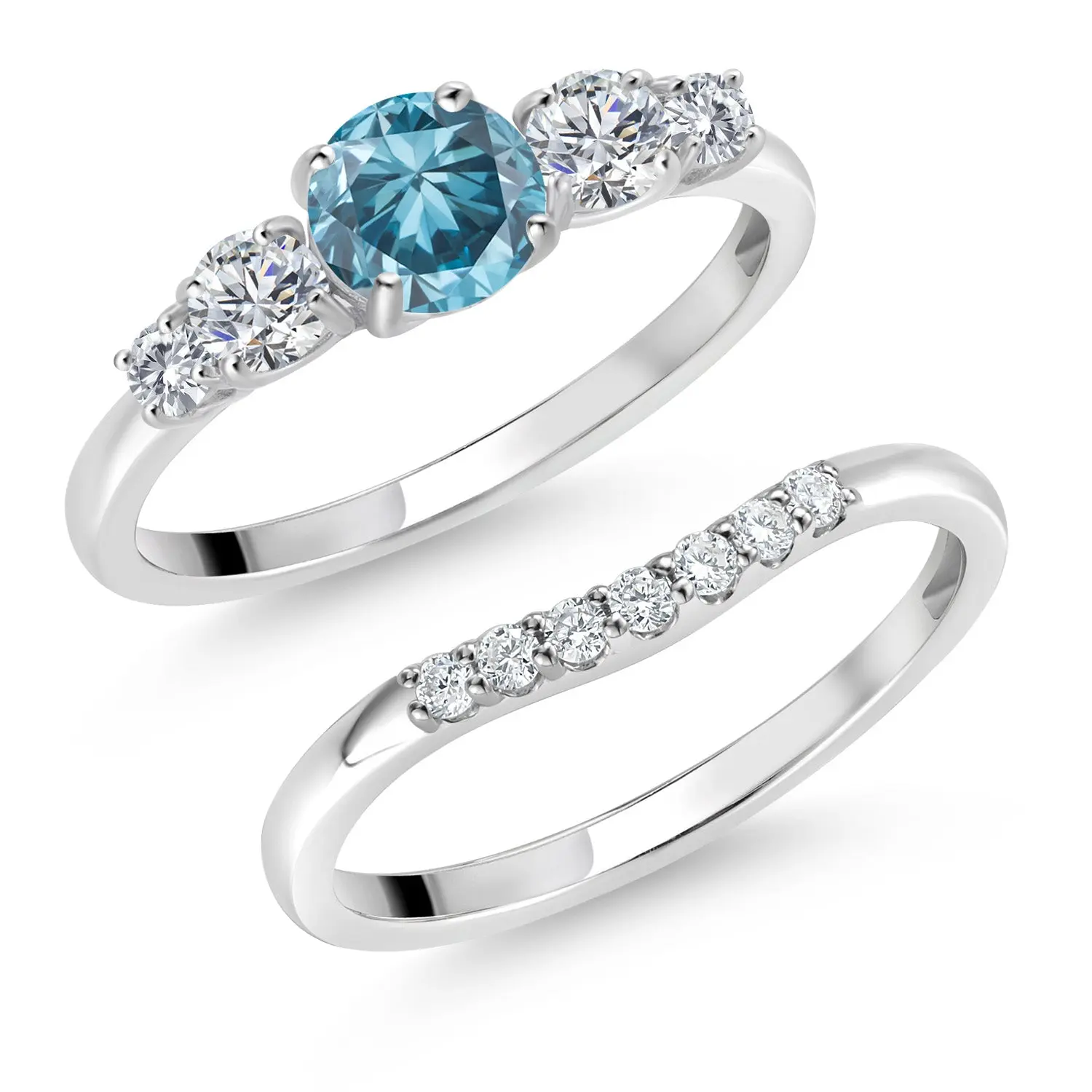 Gem Stone King 10K White Gold Blue Lab Grown Diamond and Lab Grown Diamond Wedding-Ring-Sets Ring For Women | 0.81 Cttw | Round 5MM | Gemstone April Birthstone