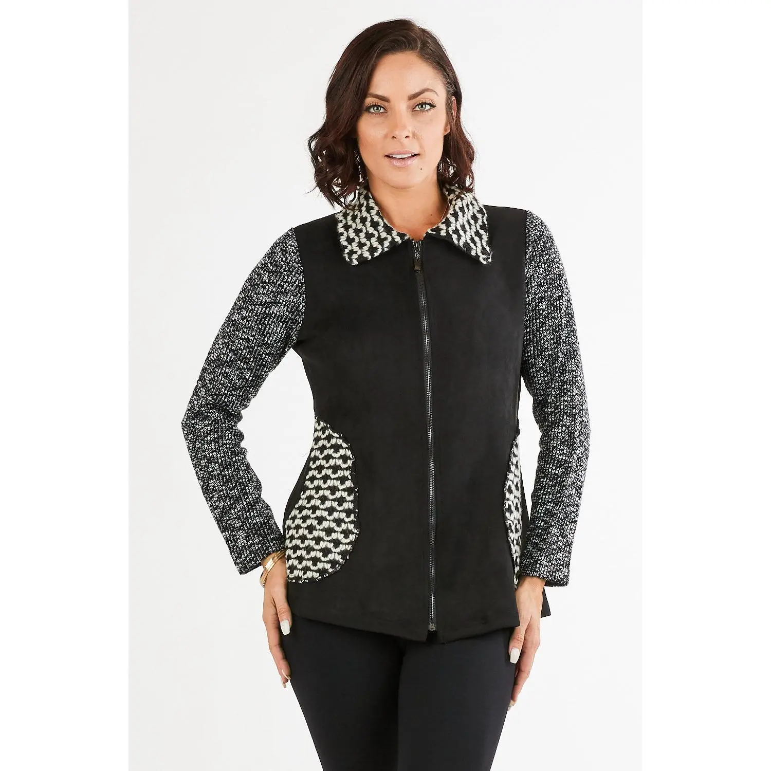 Women's Black/White Faux/Suede Knit Patchwork Zip-Up Cardigan