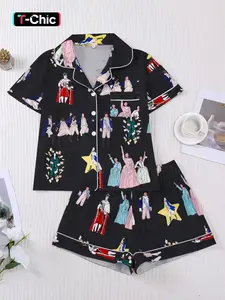 Women's Cartoon Print Pajama Set Pjs, Comfortable Short Sleeve Button Shirt and Elastic Shorts, Casual Fashion Sleepwear Loungewear for All Seasons