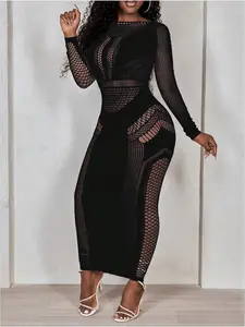 Women's Sexy Chic Fashion Sheer Mesh Slit Fitted Tight Long Sleeve Dress, Mid-length Fitted Party Dress for Nightclub Rave Clubwear
