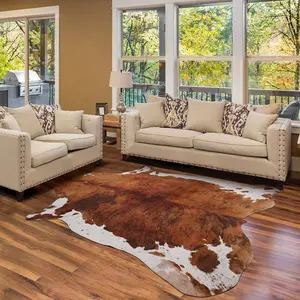 YJGWL Cowhide Rug Western Decor, 4.6 x 5.2 Feet Premium Western Cow Print Rug, Large Faux Cowhide Rug for Living Room Bedroom Entryway Kitchen Hallyway Party Wall Home Decor, Brown