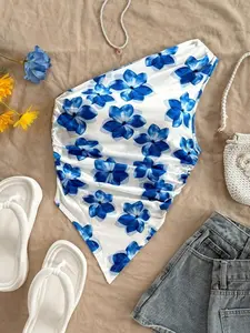 Women's Knit Asymmetrical Floral Print One-Shoulder Top, Summer Casual Breathable Sleeveless Bohemian Vacation Style Vest, Lightweight and Trendy Summer Wear