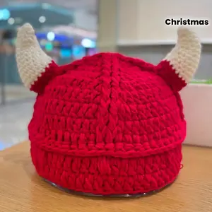 Teen Cartoon Monster Horn Knitted Hat - Handmade Novelty Viking Hat, Polyester, Hand Washable, Stretch Fit, Lightweight, Suitable for Autumn, Winter and Christmas Occasions