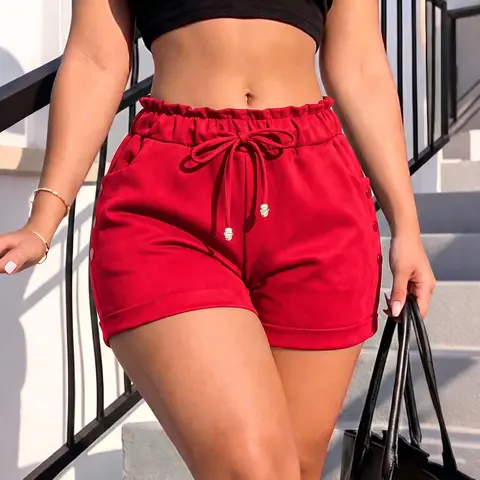 Women's Casual Comfortable Elastic Waist Drawstring Shorts - Side Button Accents, 2 Pockets, Slim Flattering Fit, Summer Basic Womenswear Bottoms