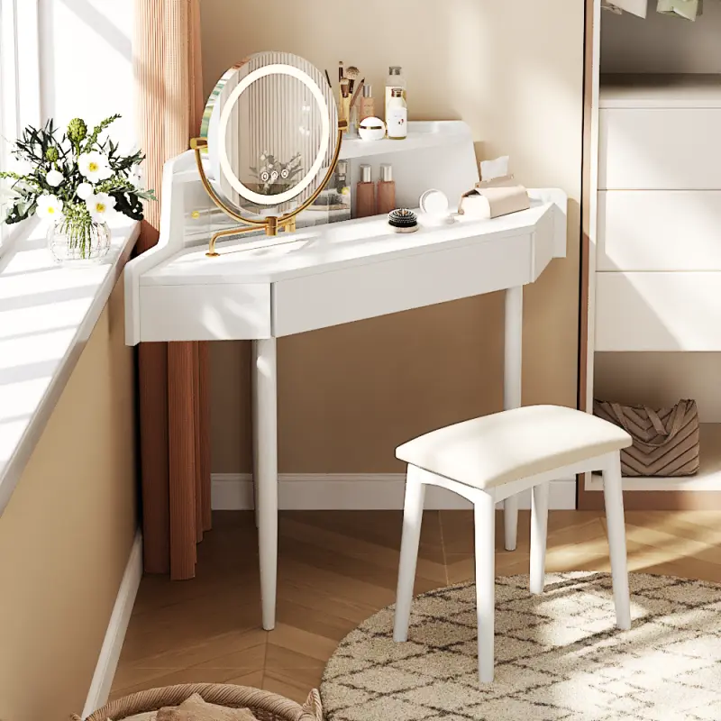White Corner Vanity Desk Set with Stool, Vanity with Mirror (Brightness-Adjustable Lights), Large Drawers, Space-Saving Dressing Table for Small Places