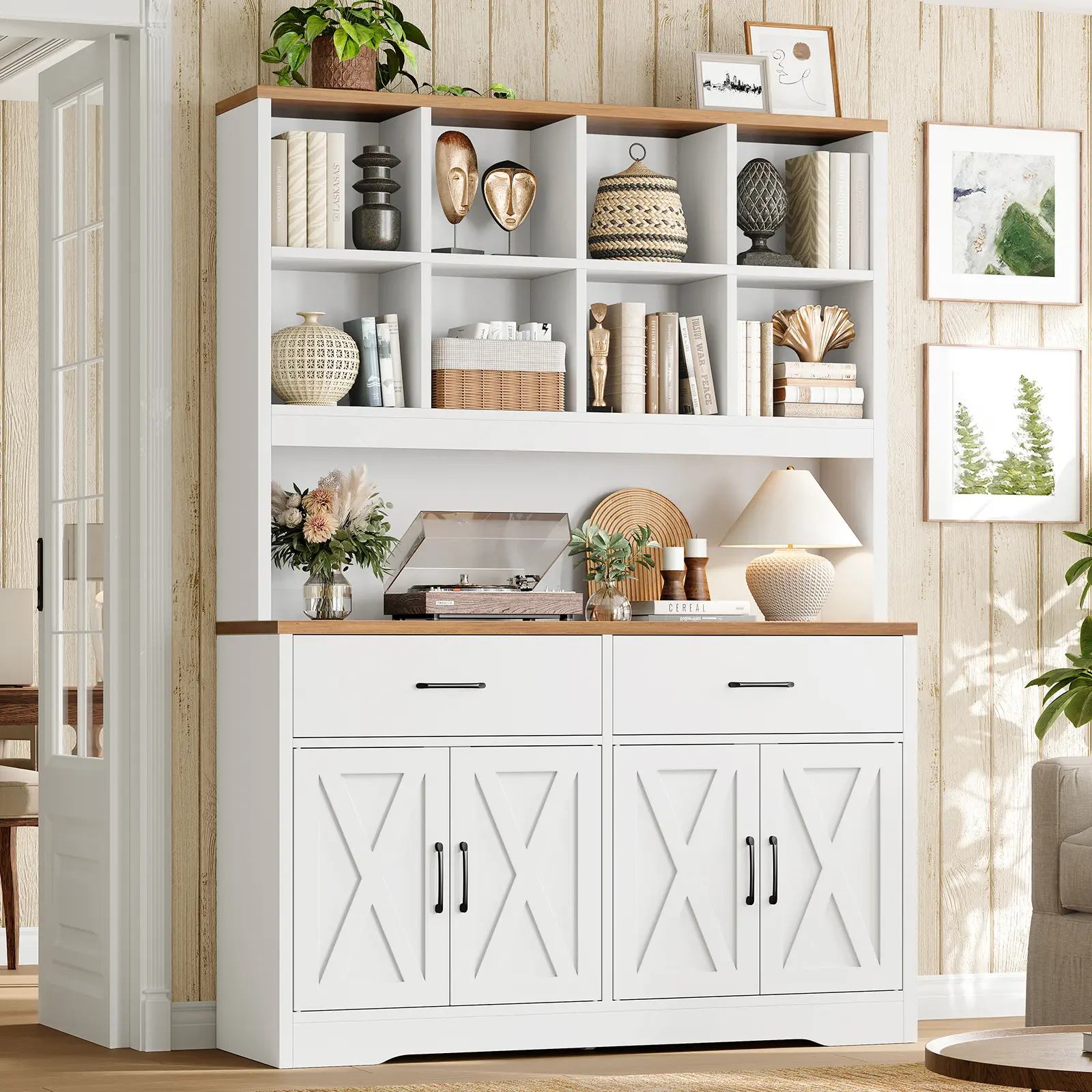 Bookshelf and Bookcase with 4 Doors, 2 Drawers and Open Display Shelves, 69.1'' Tall Bookshelf with kitchenfor Home Office, Living Room, Library and Kitchen. campingessentials